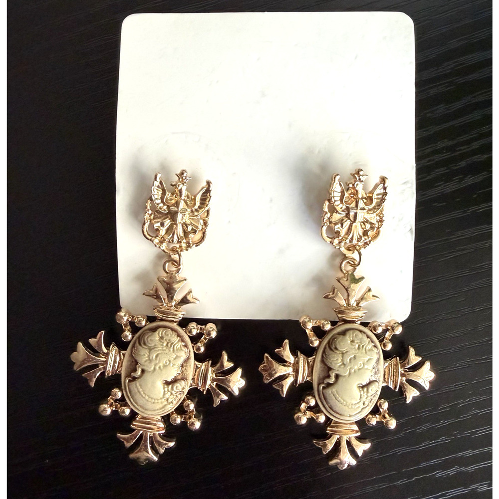 Statement Cameo Cross Earrings Gold Tone Dangle Gothic Baroque Style 3”